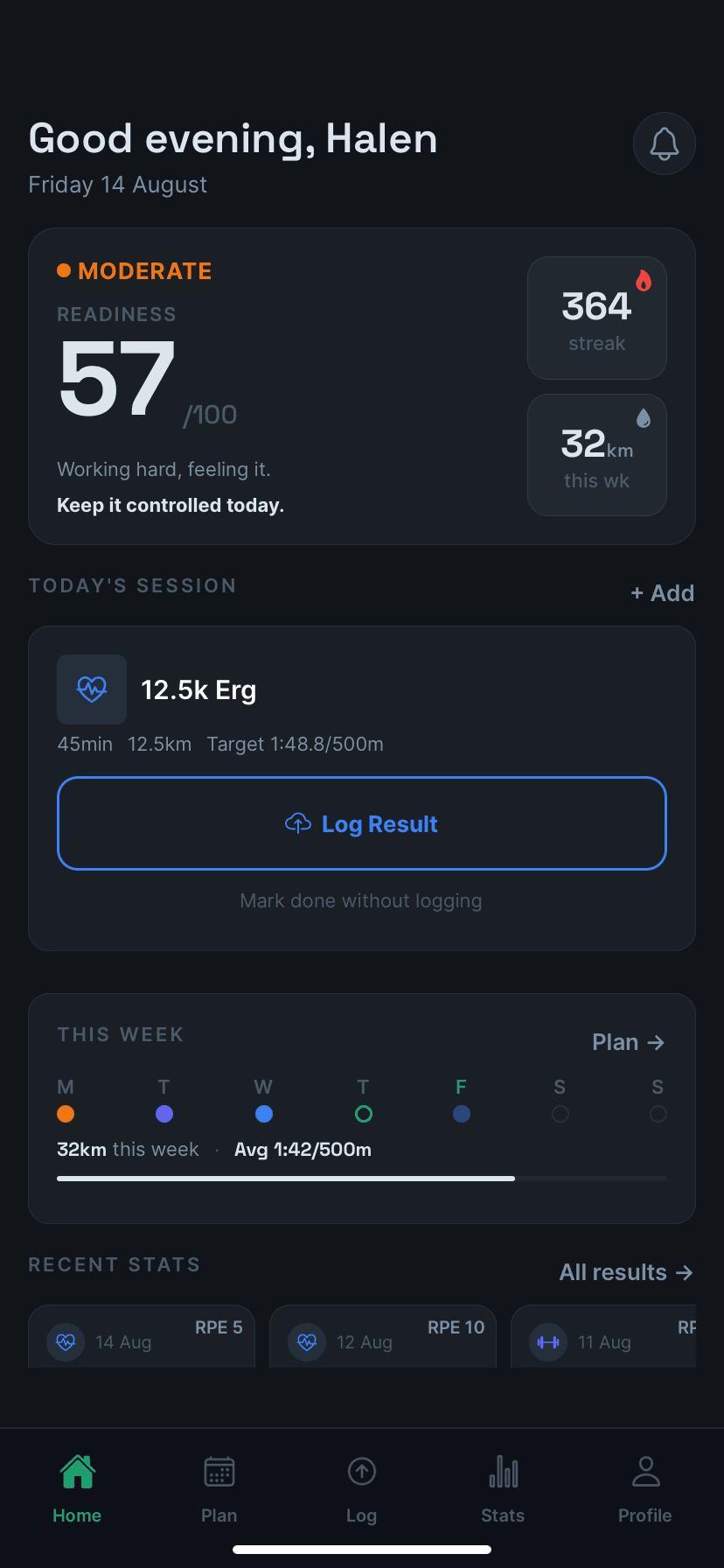 The RowMate home screen, showing a readiness score of 57 out of 100
