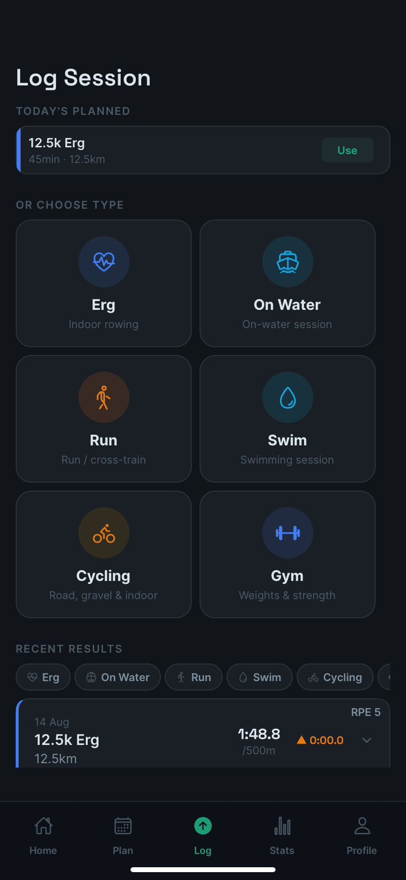 The RowMate log screen, showing today's planned session and activity types